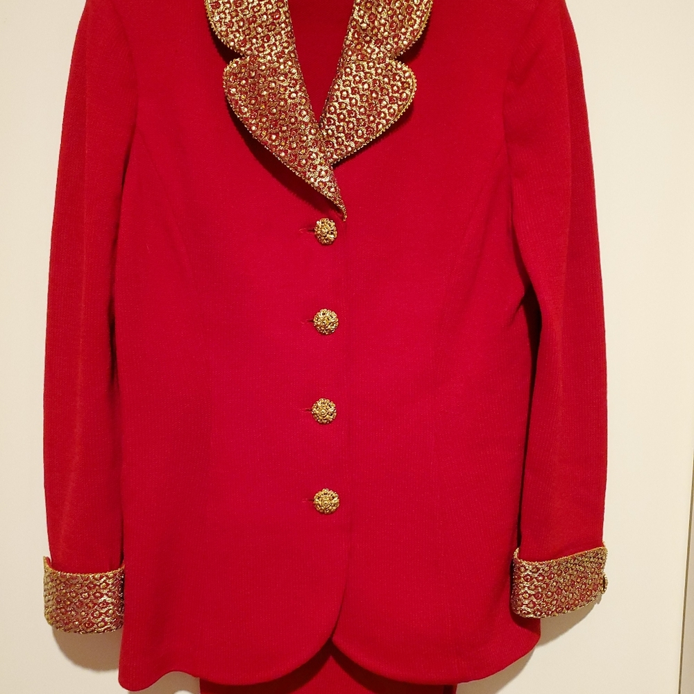 St. John Evening Embellished Red Gold Jacket Suit